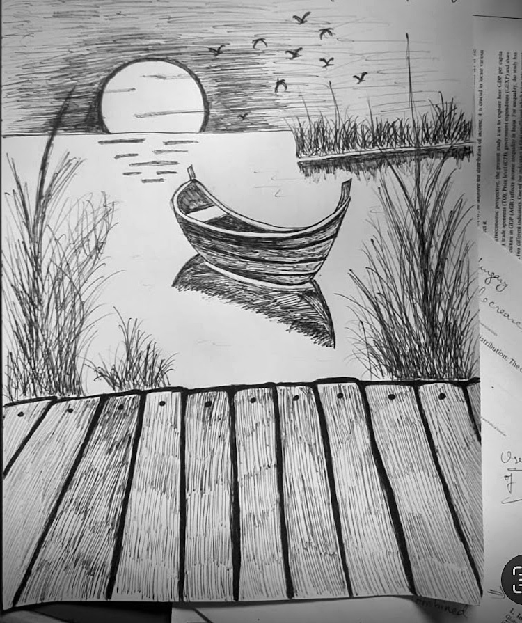 Ink sketch of a boat at sunset