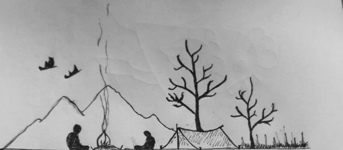 Minimal sketch of mountains, a campfire, trees and birds