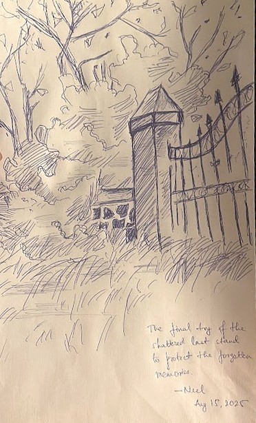 Ink sketch of an old gate beside a wooded path