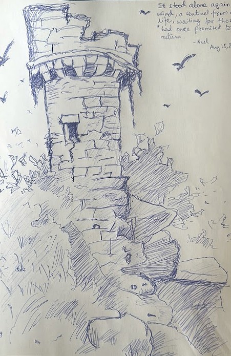 Ink sketch of a ruined stone tower