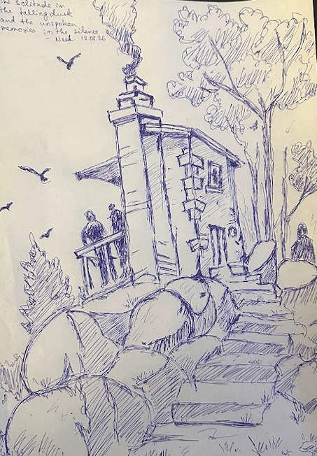 Ink sketch of a stone building among rocks and trees