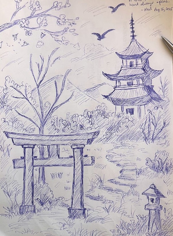 Ink sketch of a torii gate and Japanese landscape